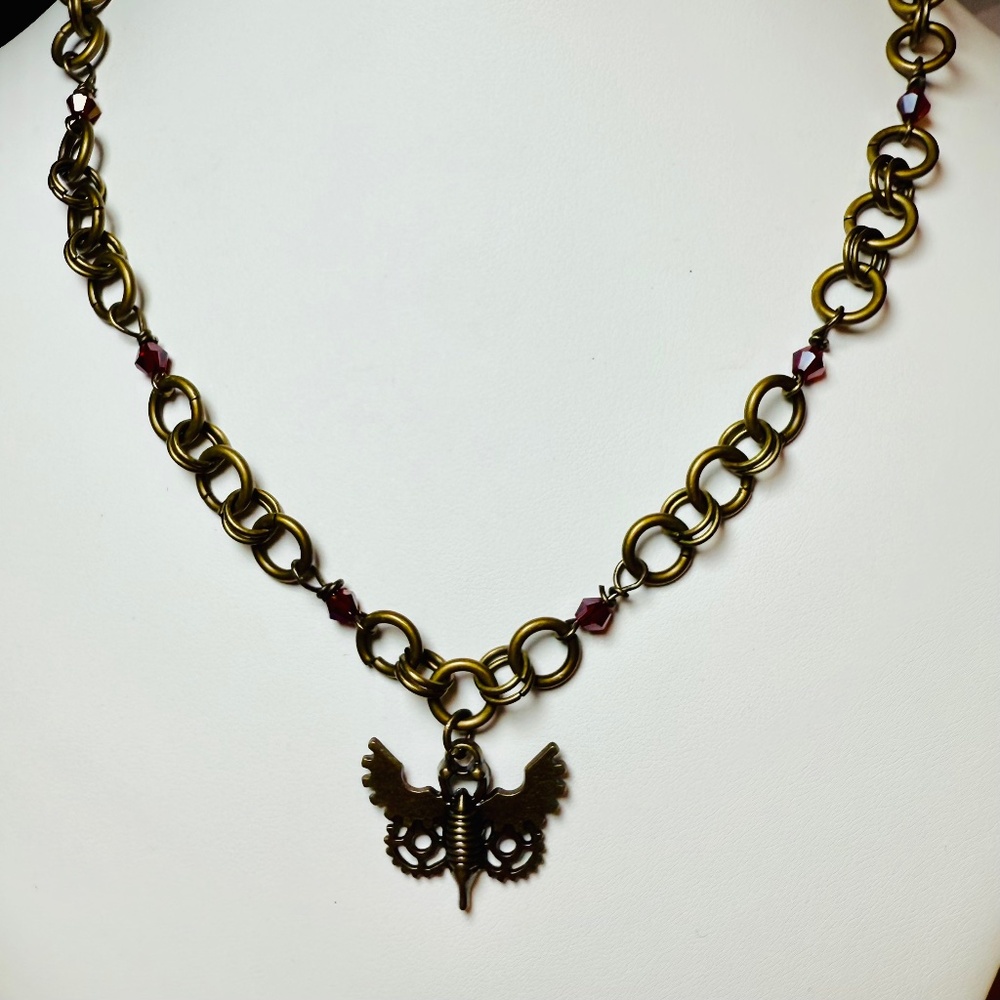 Steampunk Style Brass Butterfly Pendant Jump Ring & Red Crystal Chain Necklace